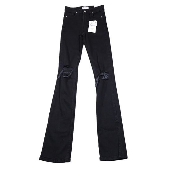 Zara Black High Rise Split Leg Skinny Jeans Distressed Ripped Knee Size 0 - Picture 1 of 14